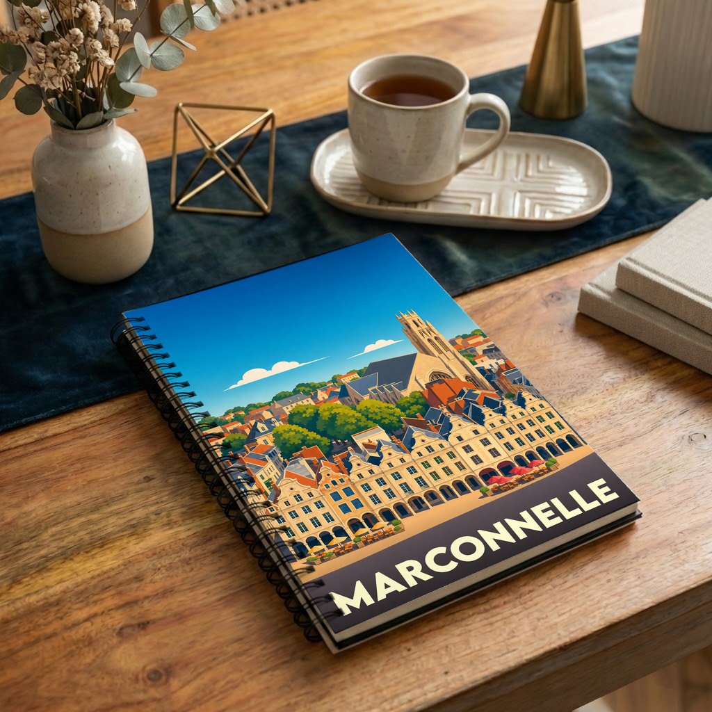 Carnet souvenir de la ville de Marconnelle avec une illustration stylisée.