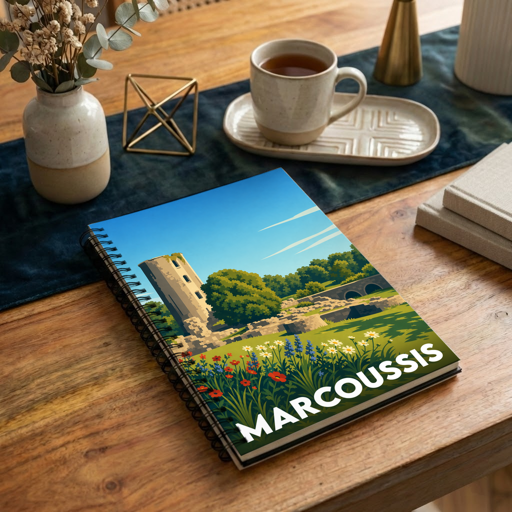 Carnet à spirales souvenir de la ville de Marcoussis avec une illustration stylisée de son château et de paysages fleuris.