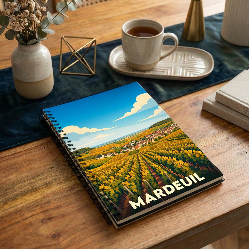 Carnet à spirales souvenir de la ville de Mardeuil illustré d'un paysage de vignobles stylisé.