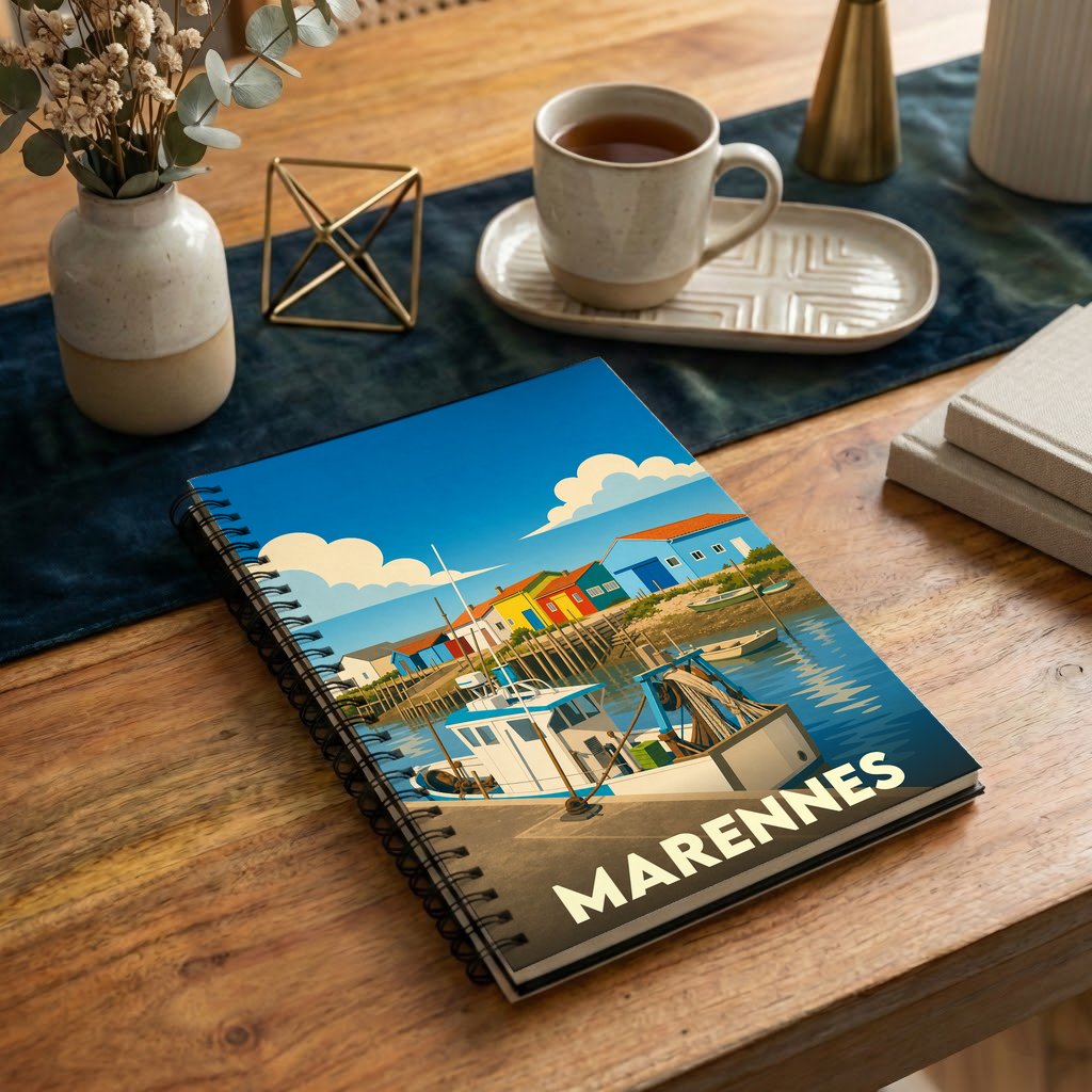 Carnet à spirales souvenir de la ville de Marennes avec une illustration stylisée de son port de pêche.