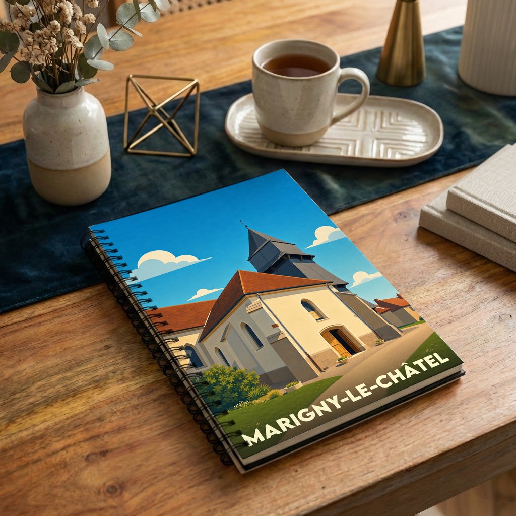 Carnet souvenir de la ville de Marigny-le-Châtel avec une illustration stylisée de son église.