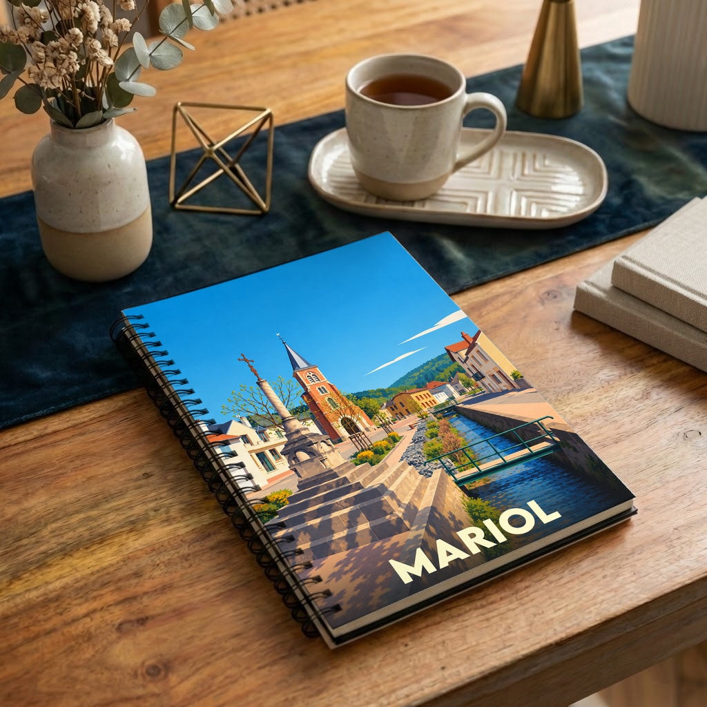 Carnet souvenir de la ville de Mariol avec une illustration stylisée.