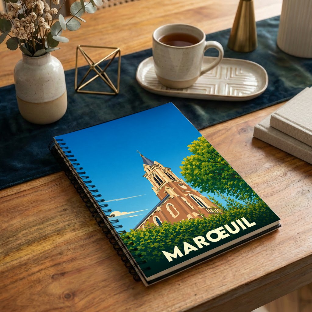 Carnet à spirales souvenir de la ville de Marœuil avec une illustration stylisée de son église.