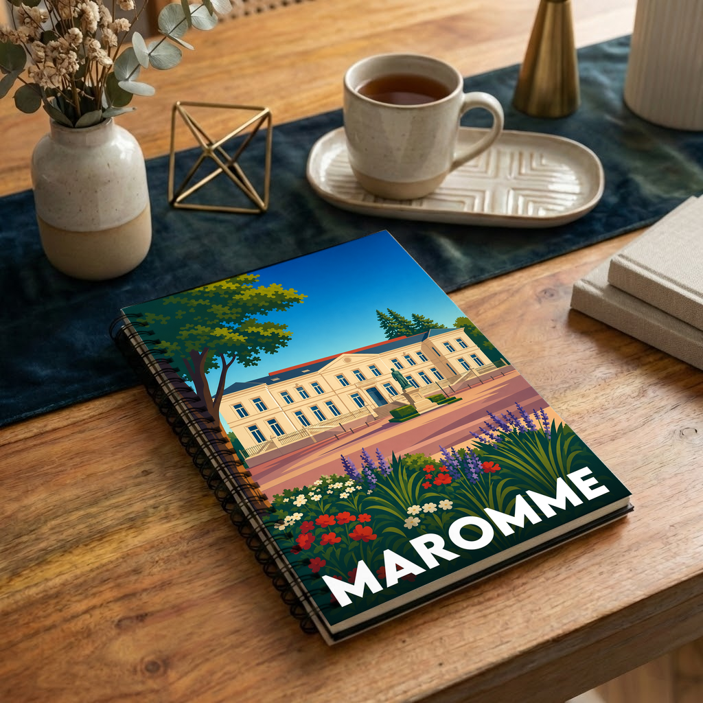 Carnet souvenir de la ville de Maromme avec une illustration stylisée de son hôtel de ville et de jardins fleuris.
