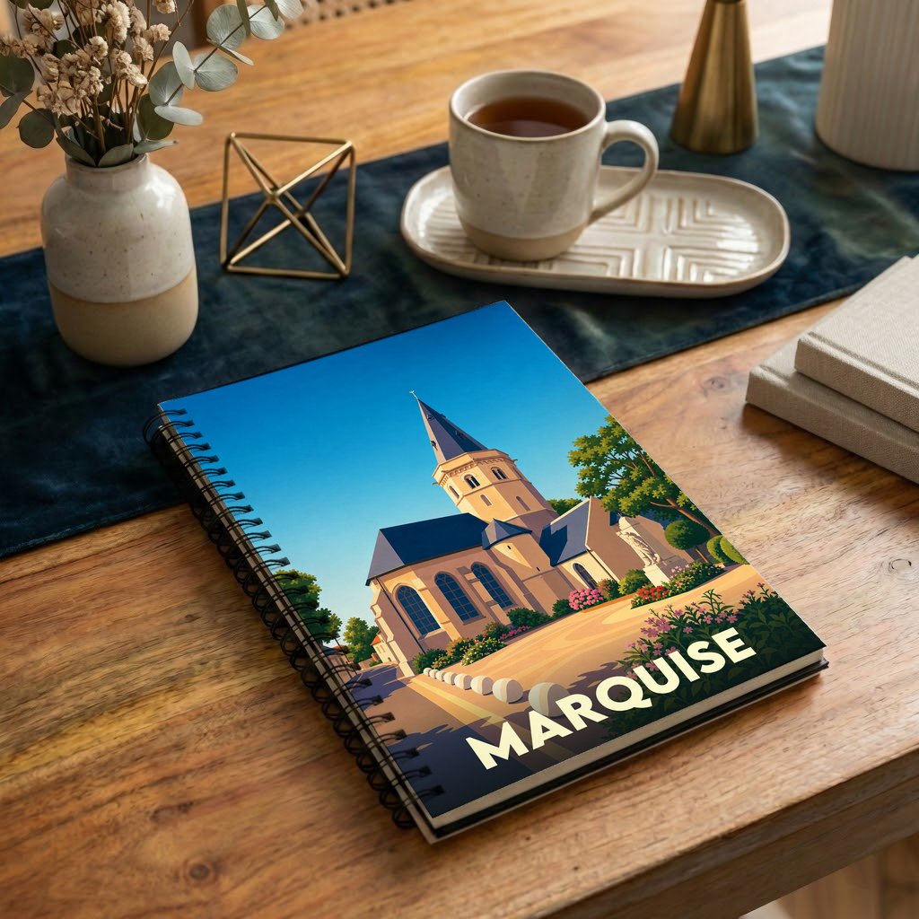 Carnet à spirales souvenir de la ville de Marquise avec une illustration stylisée de son église sous un ciel bleu.