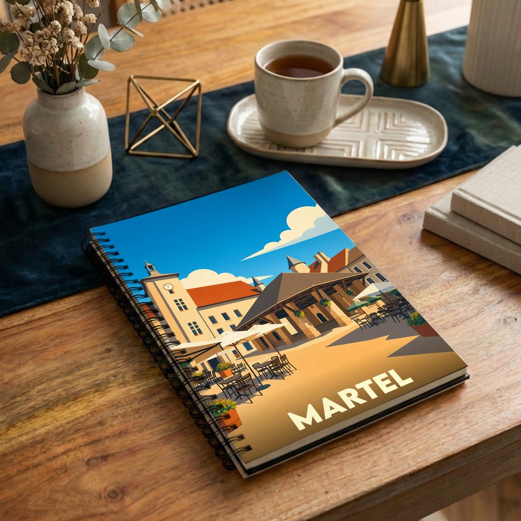 Carnet à spirales souvenir de la ville de Martel avec une illustration stylisée de sa place principale.