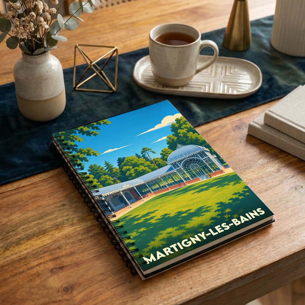 Carnet à spirales souvenir de la ville de Martigny-les-Bains avec une illustration stylisée de son architecture thermale.