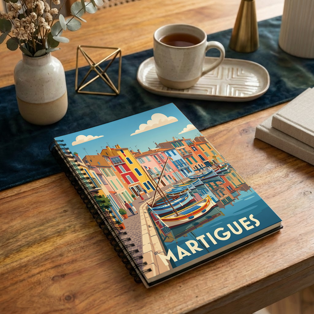 Carnet souvenir de la ville de Martigues avec une illustration stylisée de son port.