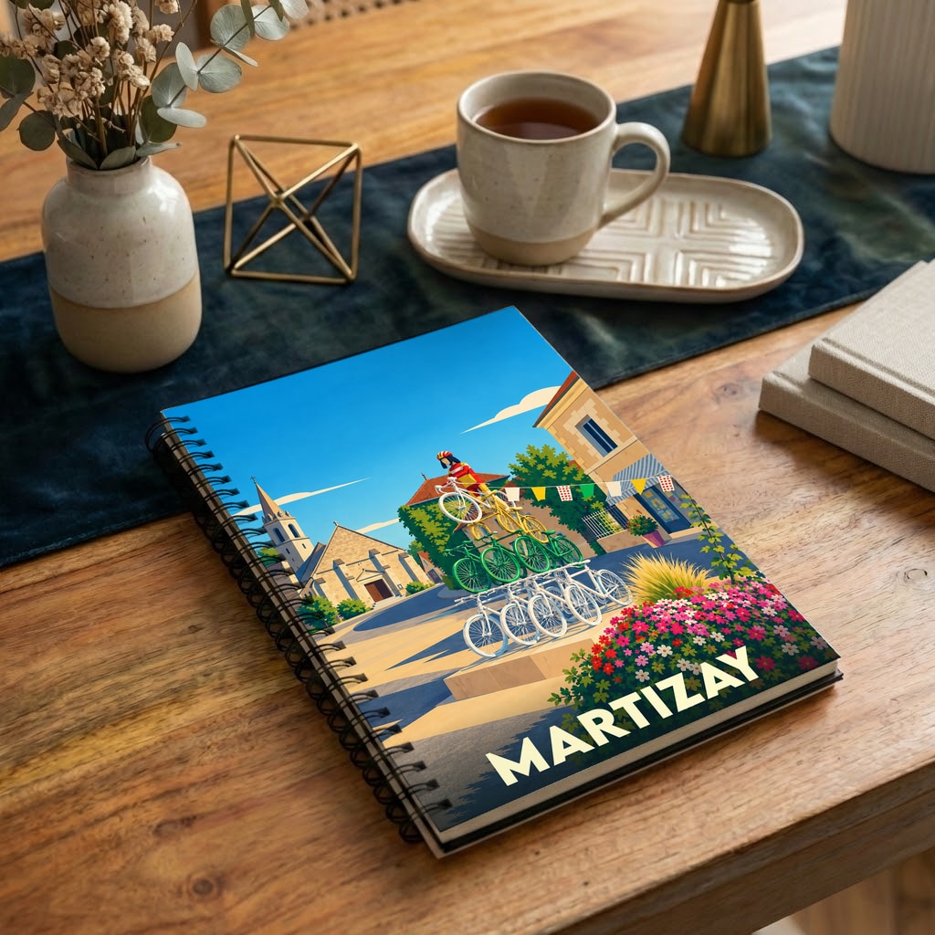 Carnet souvenir de la ville de Martizay avec une illustration stylisée d'une pyramide de vélos.