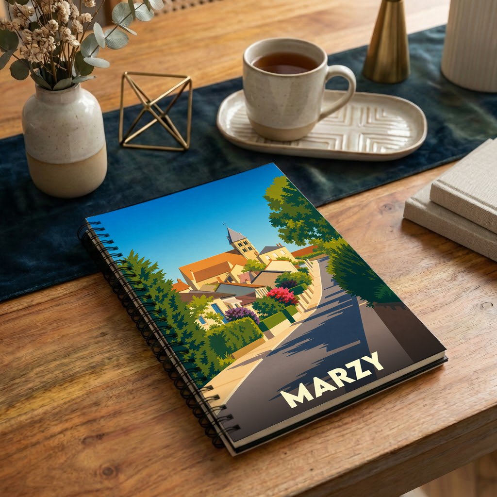 Carnet à spirales souvenir de la ville de Marzy avec une illustration stylisée et colorée.
