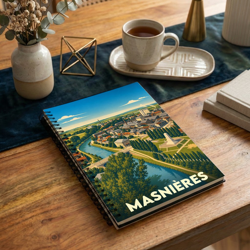 Carnet souvenir de la ville de Masnières avec une illustration de style affiche rétro.