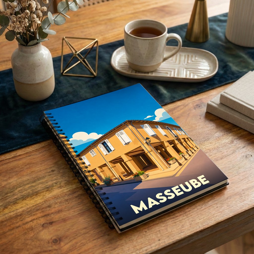 Carnet souvenir à spirale de la ville de Masseube avec une illustration stylisée d'une rue ensoleillée.