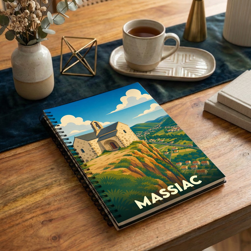 Carnet souvenir de la ville de Massiac avec une illustration stylisée d'une chapelle sur un éperon rocheux.