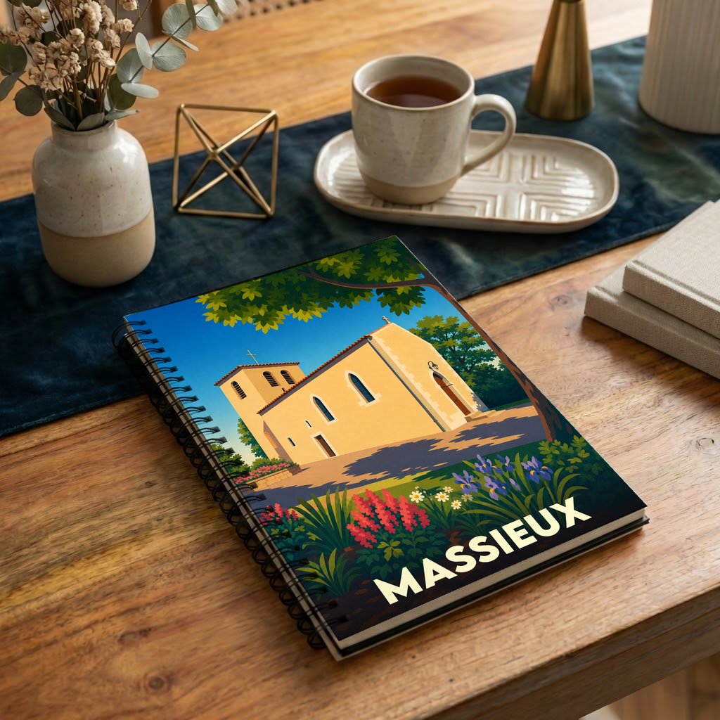 Carnet à spirales souvenir de la ville de Massieux avec une illustration stylisée de son église et de jardins fleuris.