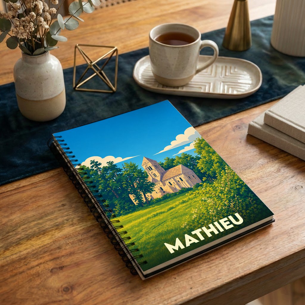 Carnet de notes à spirales souvenir de la ville de Mathieu avec une illustration stylisée de son église.