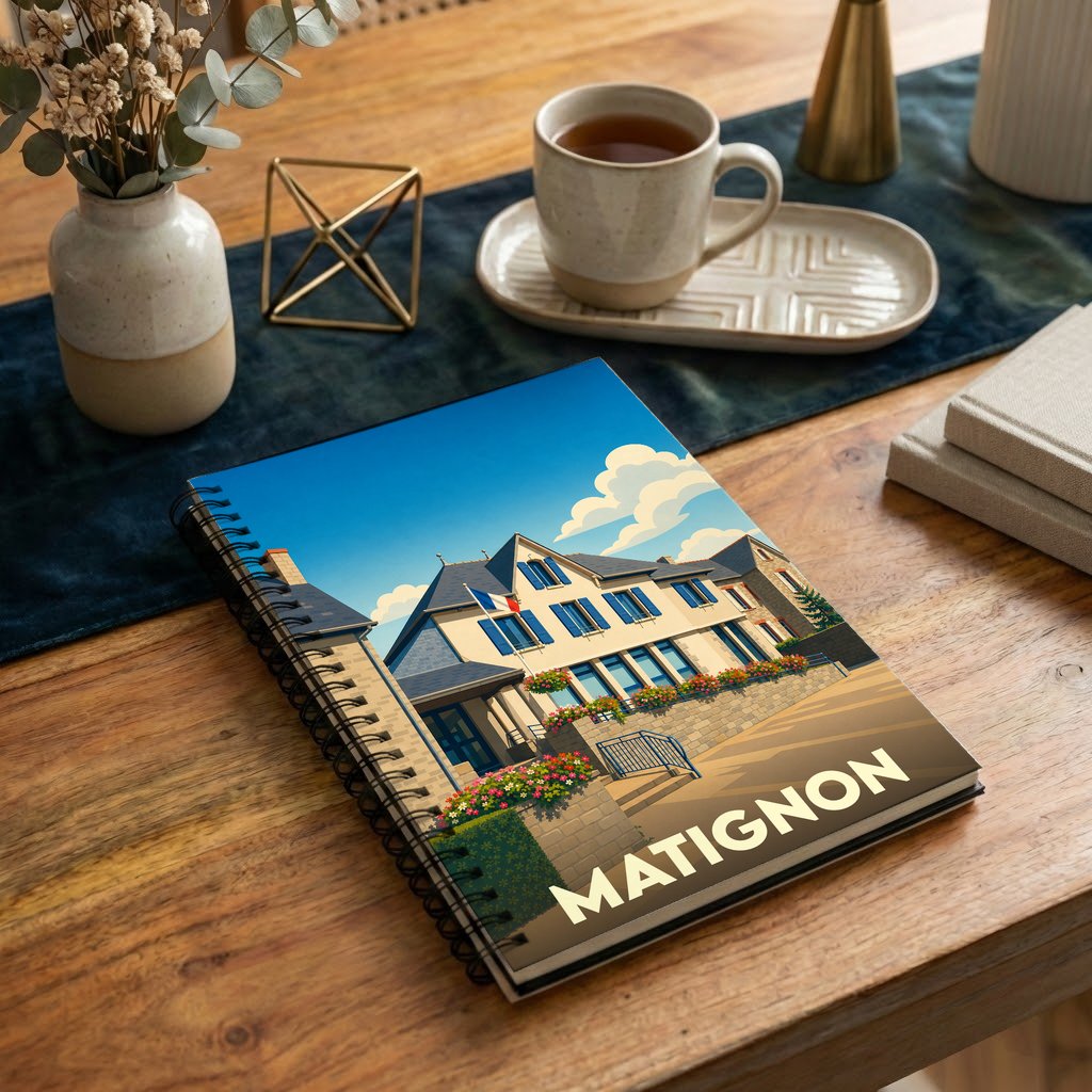 Carnet à spirales souvenir de la ville de Matignon avec une illustration stylisée.