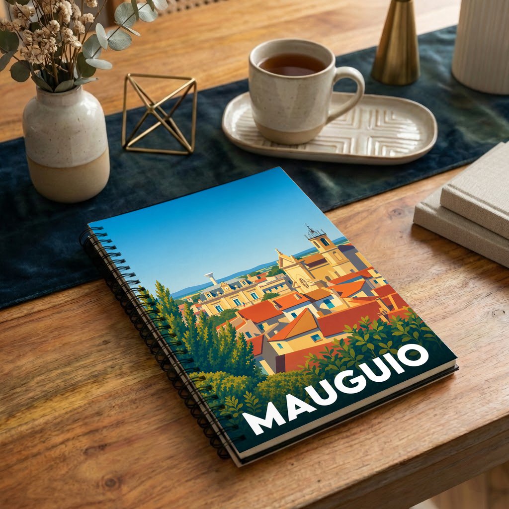 Carnet de notes souvenir de la ville de Mauguio avec une illustration stylisée et colorée de ses toits.