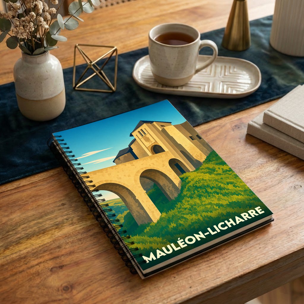 Carnet souvenir de la ville de Mauléon-Licharre avec une illustration stylisée de son château et de son pont.