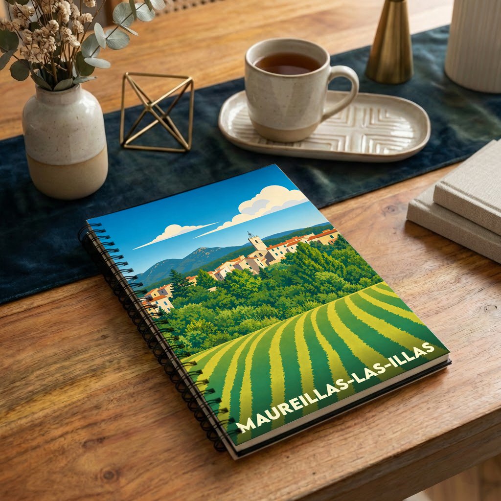 Carnet à spirales souvenir de Maureillas-las-Illas avec une illustration stylisée de ses paysages.