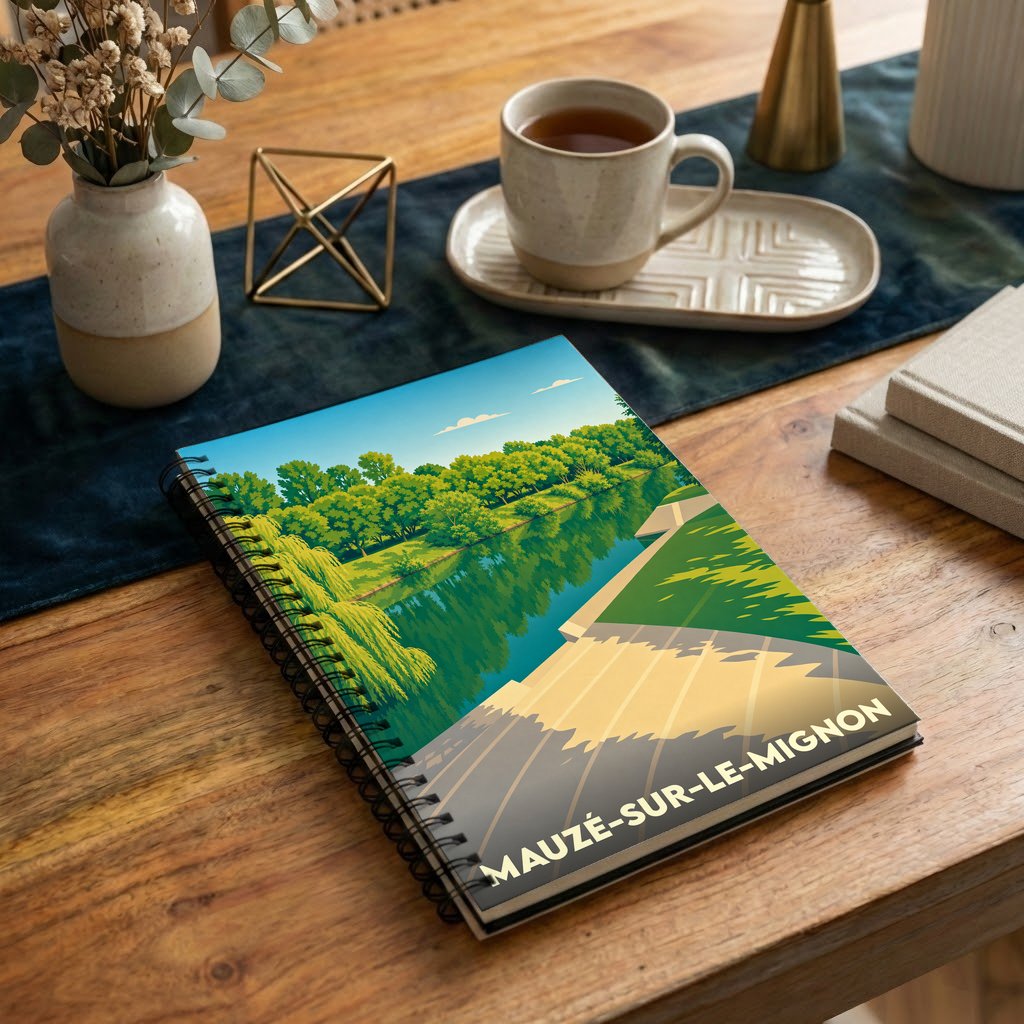 Carnet à spirales souvenir de la ville de Mauzé-sur-le-Mignon avec une illustration stylisée des bords de la rivière.