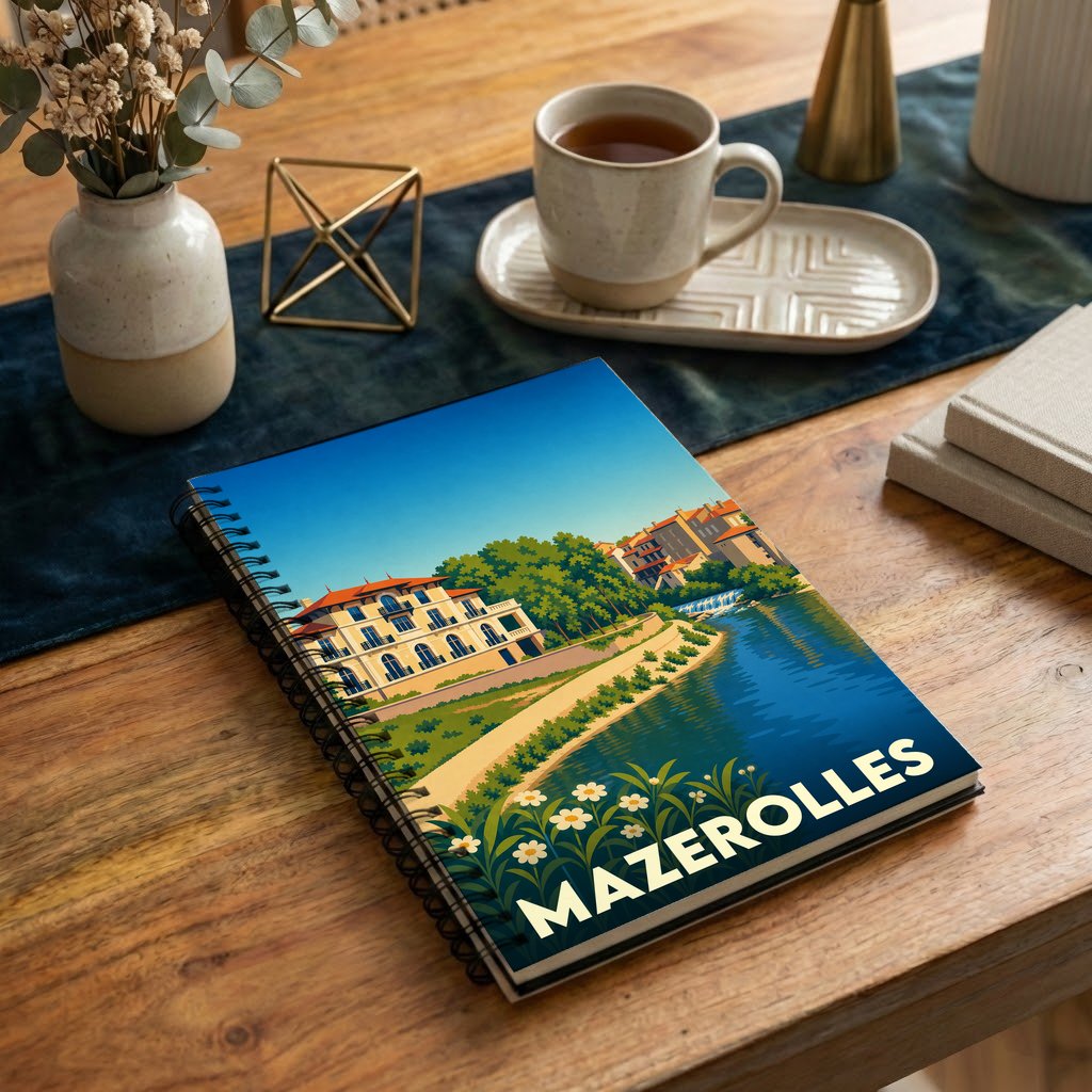 Carnet souvenir de la ville de Mazerolles avec une illustration stylisée d'un paysage urbain au bord de l'eau.