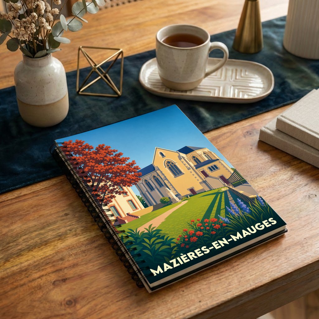 Carnet à spirales souvenir de Mazières-en-Mauges avec une illustration stylisée de son patrimoine.