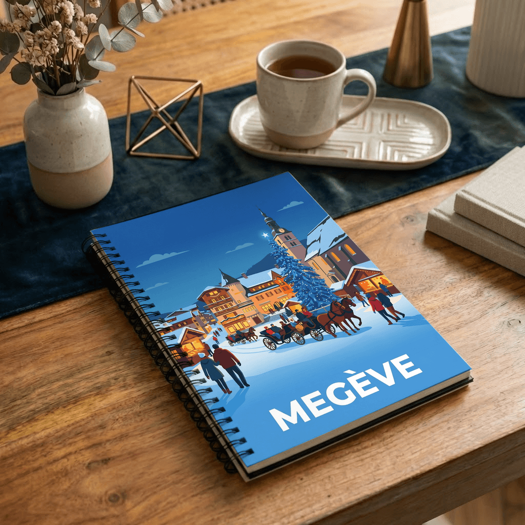 Carnet souvenir de la ville de Megève avec une illustration stylisée d'un village de montagne enneigé.