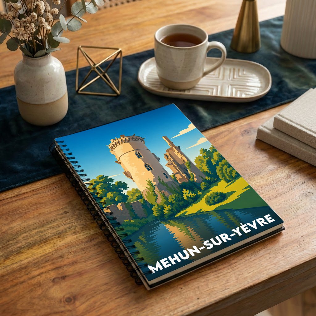 Carnet à spirales souvenir de la ville de Mehun-sur-Yèvre avec une illustration stylisée de son château.