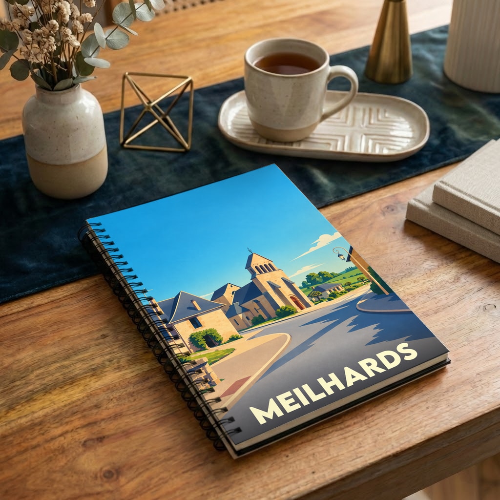 Carnet souvenir de la ville de Meilhards avec une illustration stylisée.