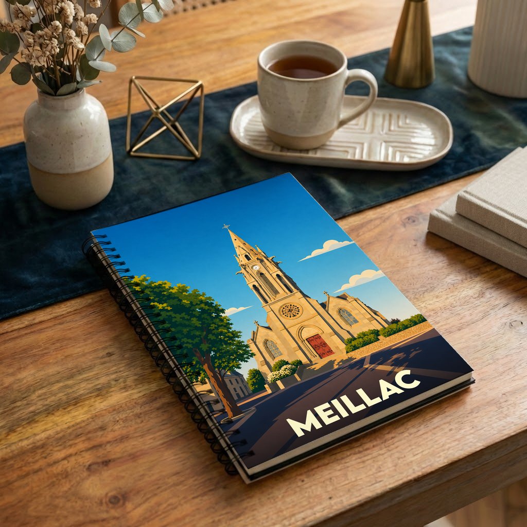 Carnet souvenir de la ville de Meillac avec une illustration stylisée de son église sous un ciel bleu.