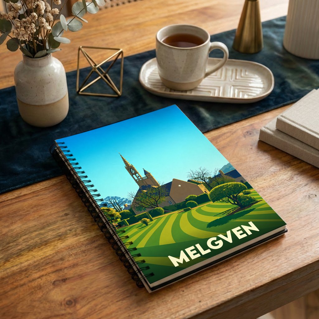 Carnet de notes à spirales souvenir de la ville de Melgven avec une illustration stylisée de son église et de ses jardins.