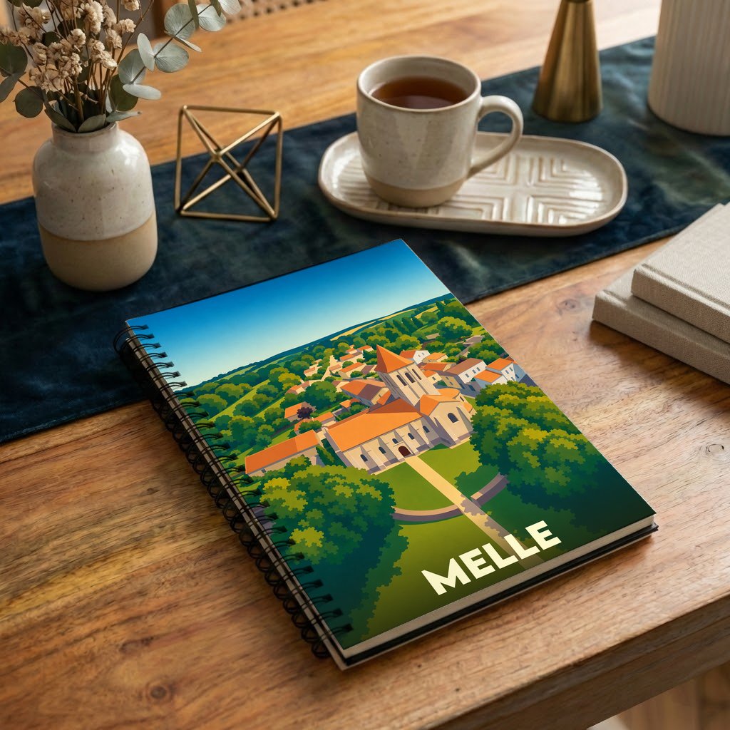 Carnet de notes souvenir de la ville de Melle avec une illustration stylisée de son église et de ses paysages.
