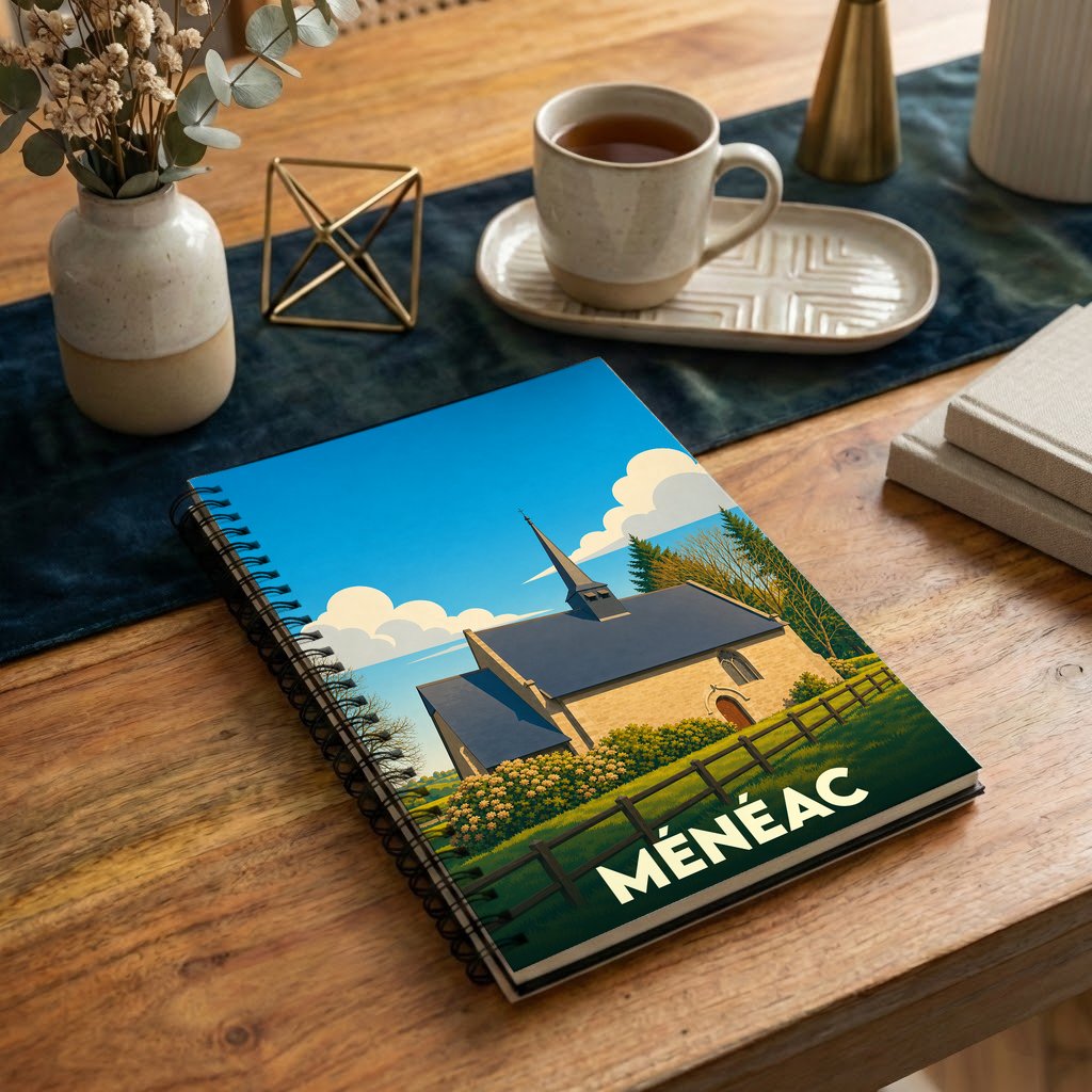 Carnet à spirales souvenir de la ville de Ménéac avec une illustration stylisée de son église.