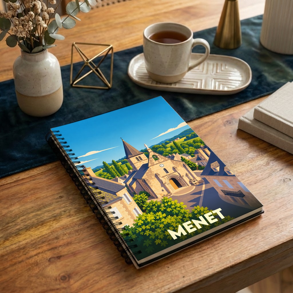 Carnet à spirales souvenir de la ville de Menet orné d'une illustration stylisée de son église et de ses paysages.