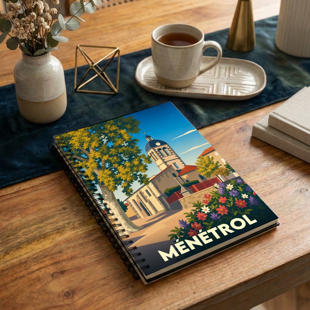 Carnet souvenir de la ville de Ménétrol avec une illustration stylisée.