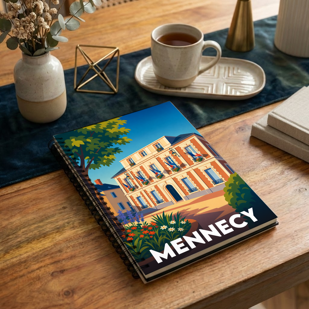 Carnet souvenir de la ville de Mennecy avec une illustration stylisée d'un bâtiment emblématique.