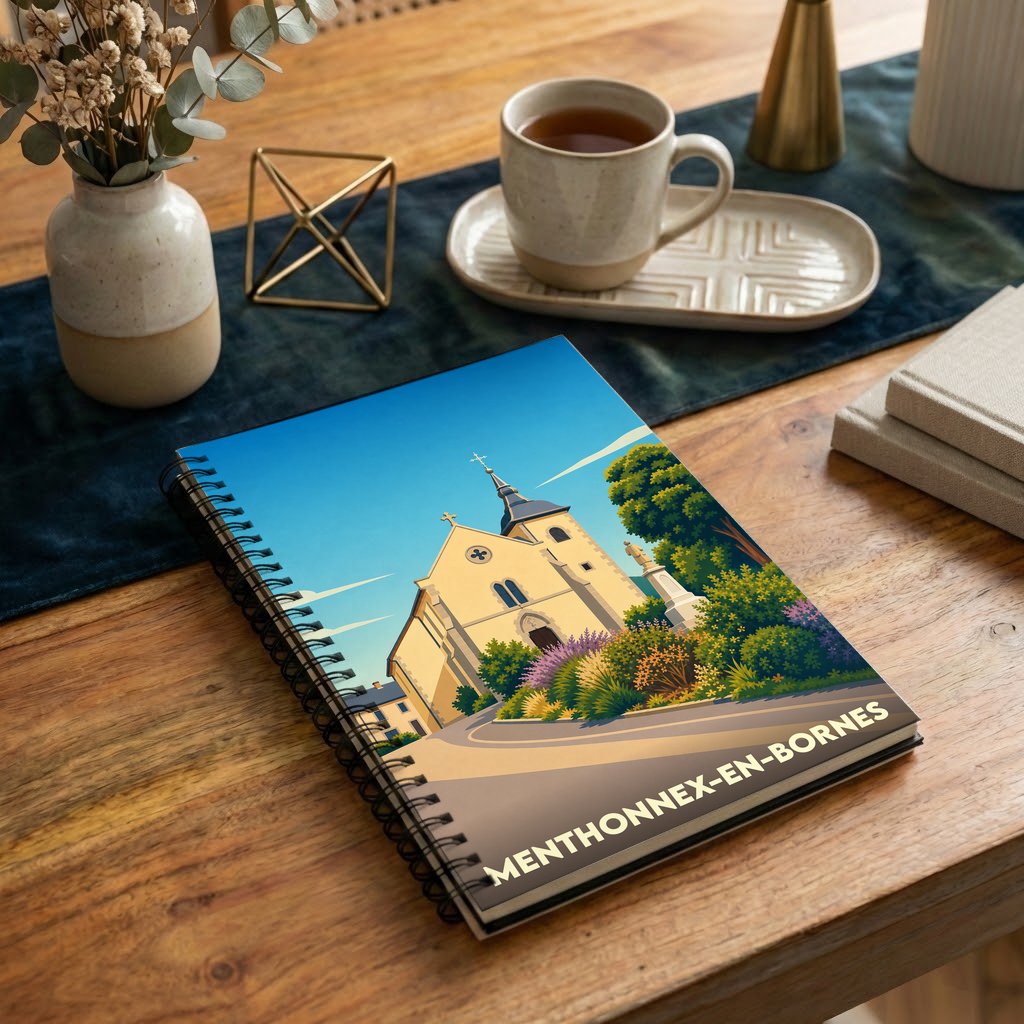 Carnet souvenir de la ville de Menthonnex-en-Bornes avec une illustration stylisée de son église.