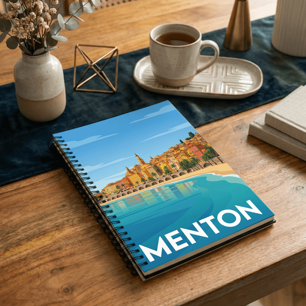 Carnet souvenir de la ville de Menton avec une illustration stylisée.