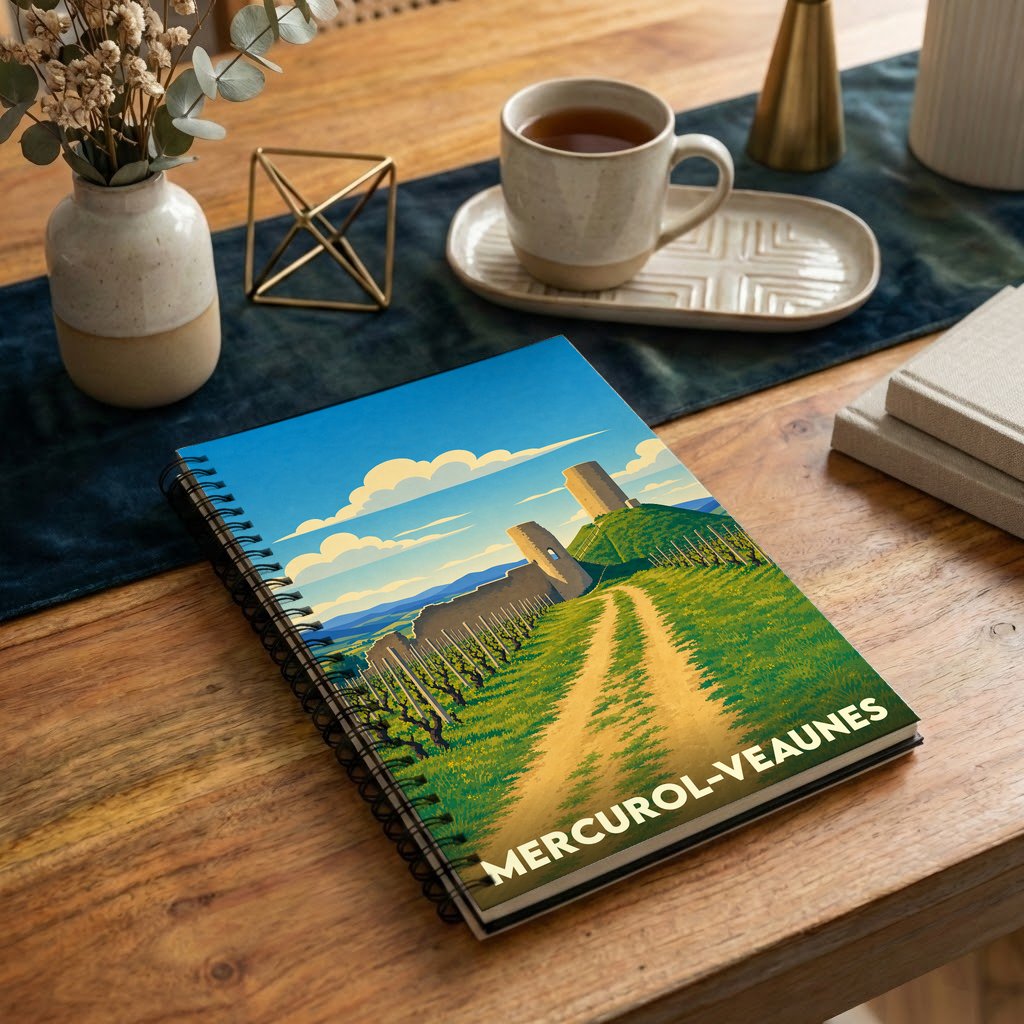 Carnet de notes souvenir de la ville de Mercurol-Veaunes illustré par un paysage de vignes et de châteaux.