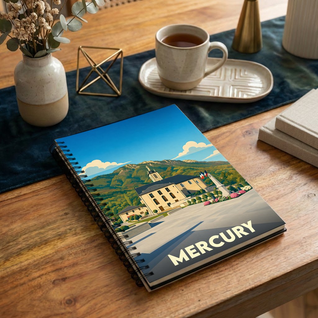 Carnet à spirales souvenir de la ville de Mercury avec une illustration stylisée de son paysage urbain.