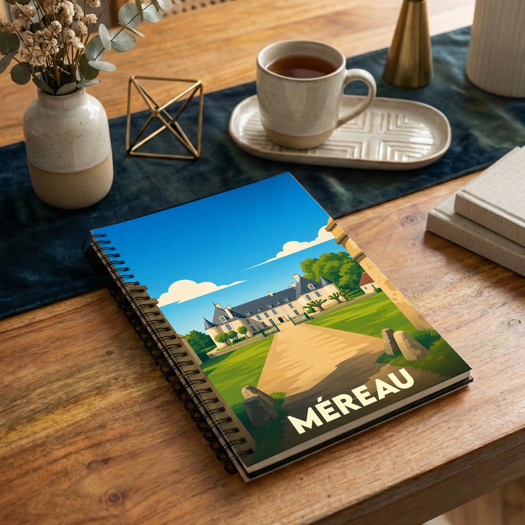 Carnet à spirales souvenir de la ville de Méreau avec une illustration stylisée de son château.