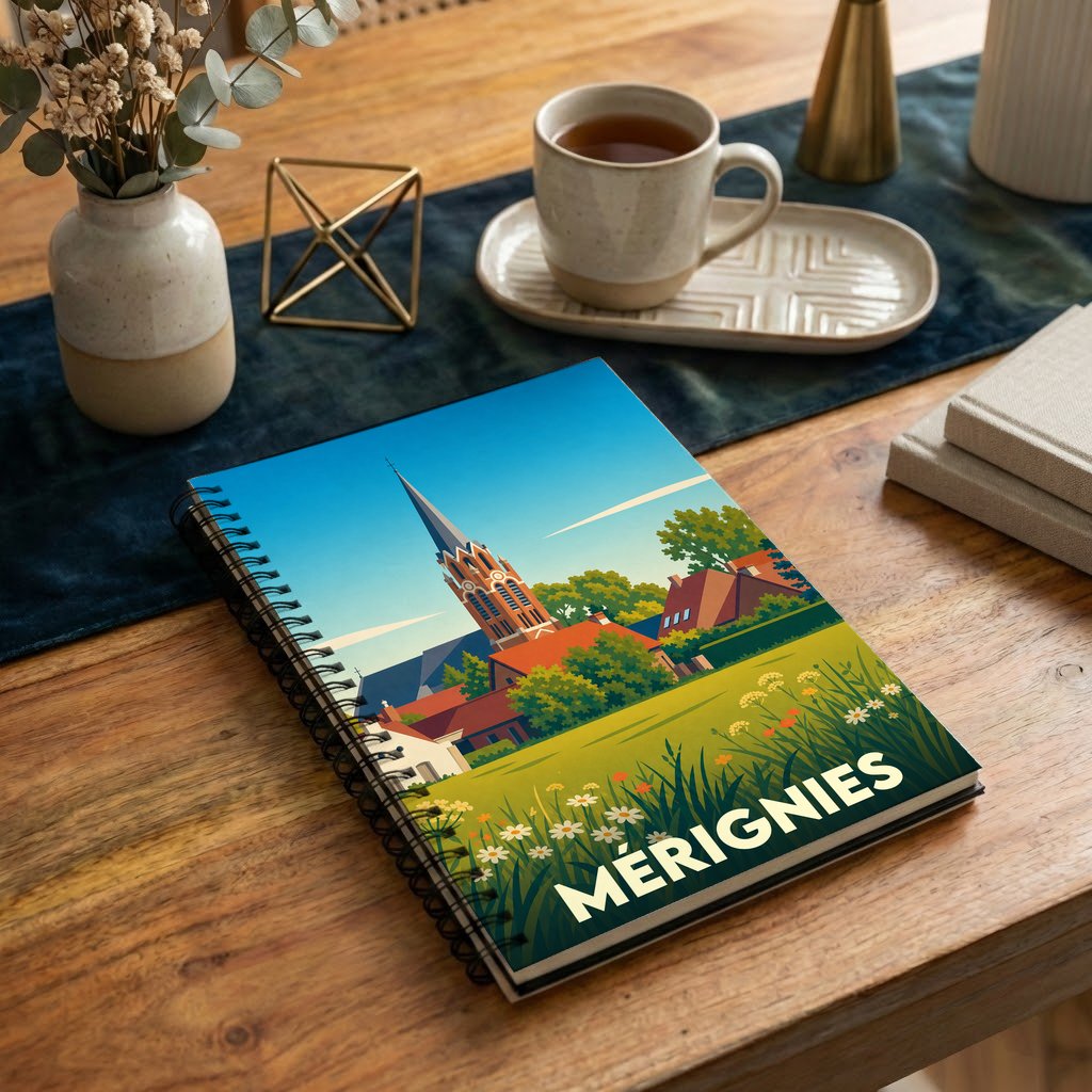 Carnet à spirales souvenir de la ville de Mérignies avec une illustration stylisée.