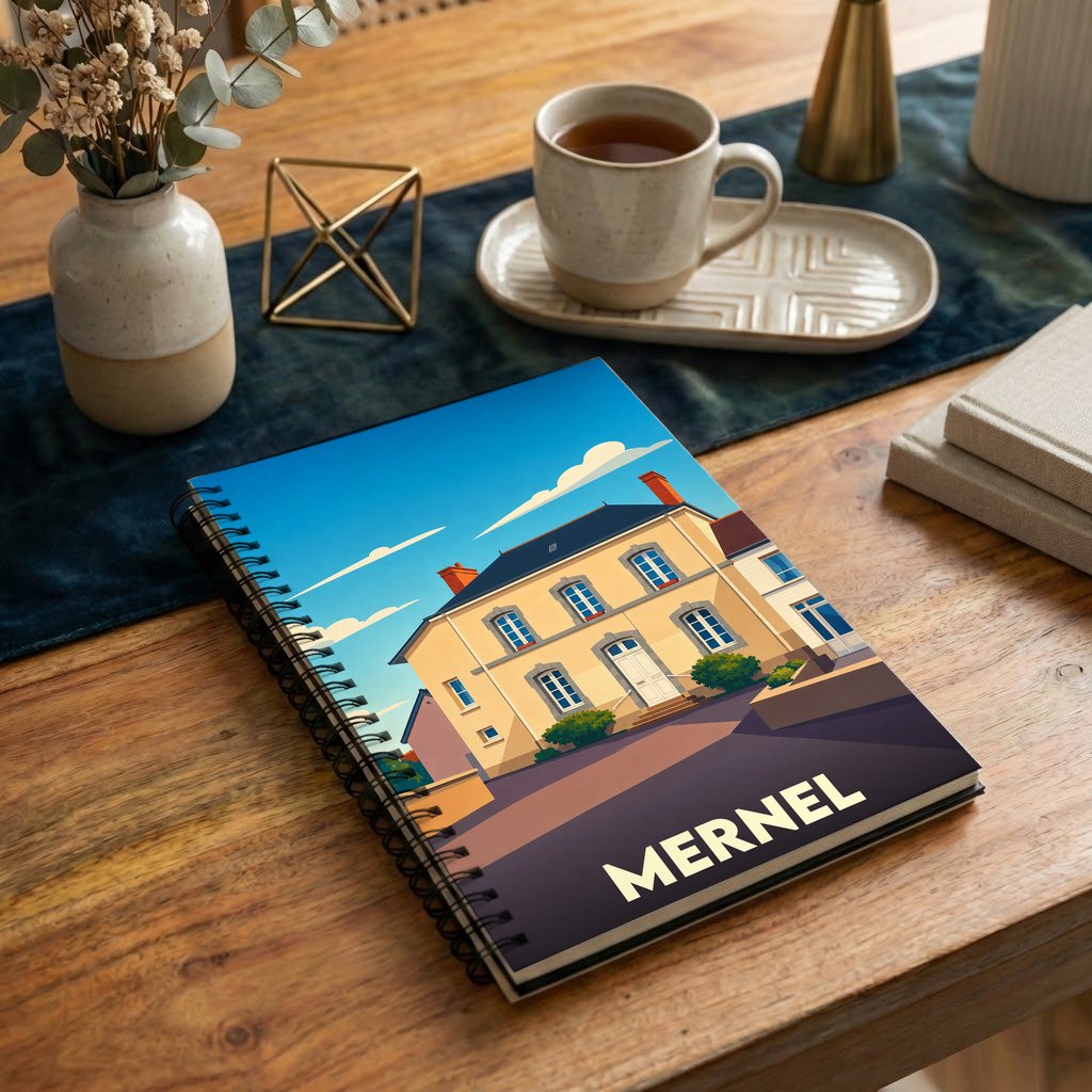 Carnet souvenir de la ville de Mernel avec une illustration stylisée d'un bâtiment typique.
