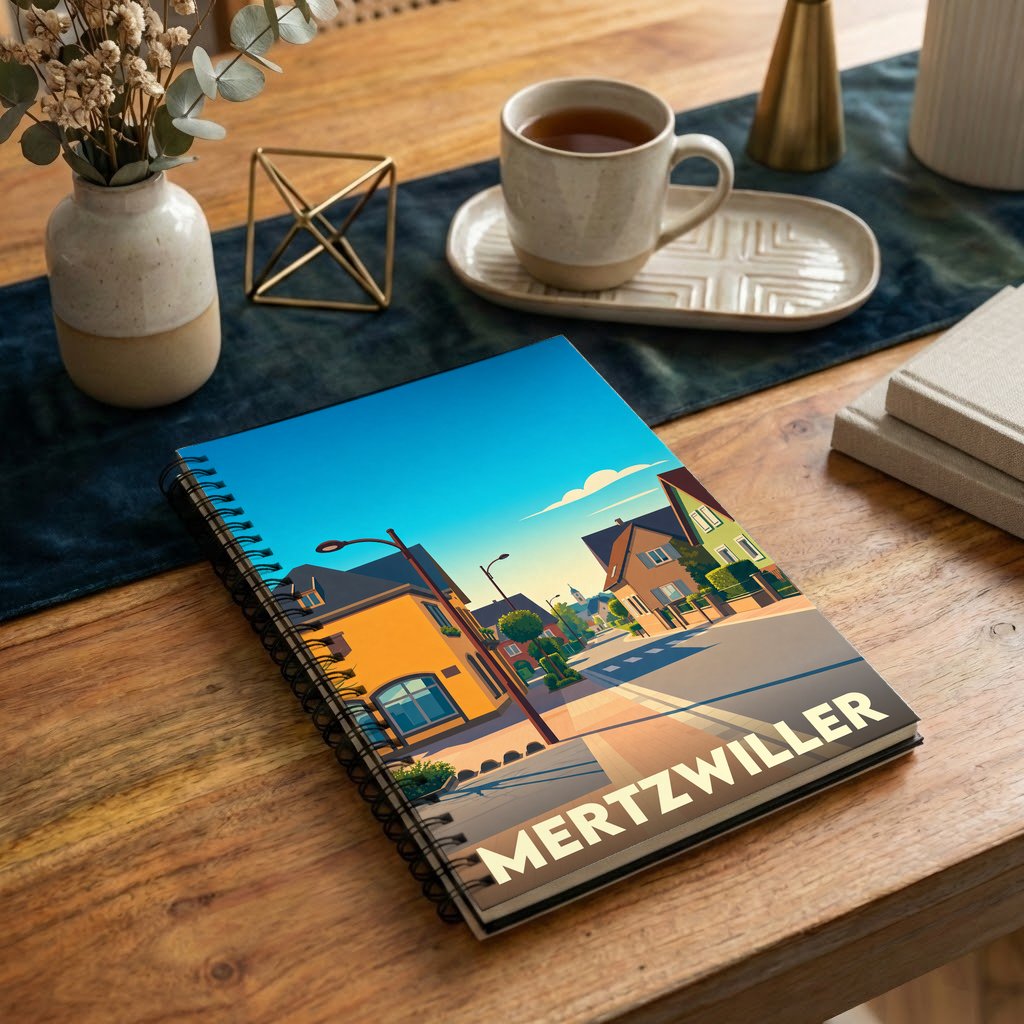 Carnet à spirales souvenir de la ville de Mertzwiller avec une illustration colorée et stylisée de ses rues.