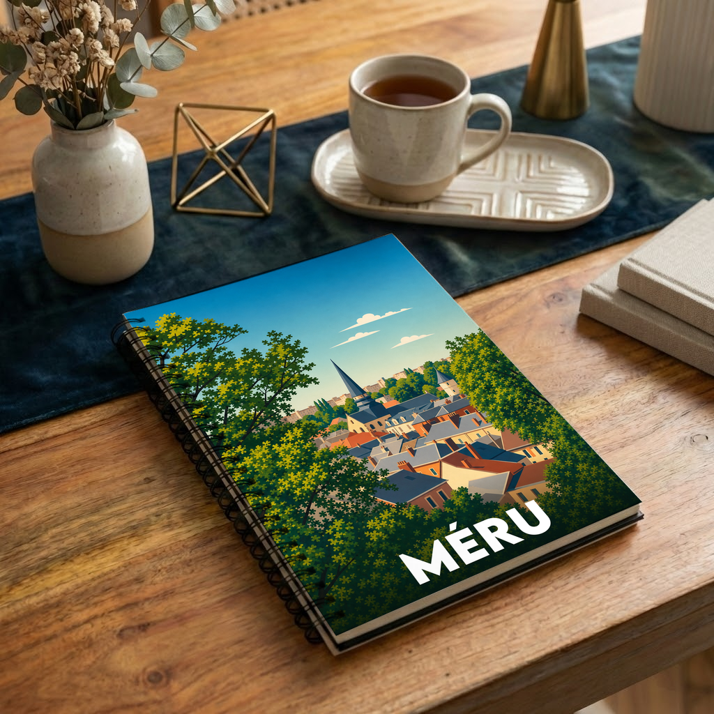 Carnet souvenir de la ville de Méru avec une illustration stylisée.