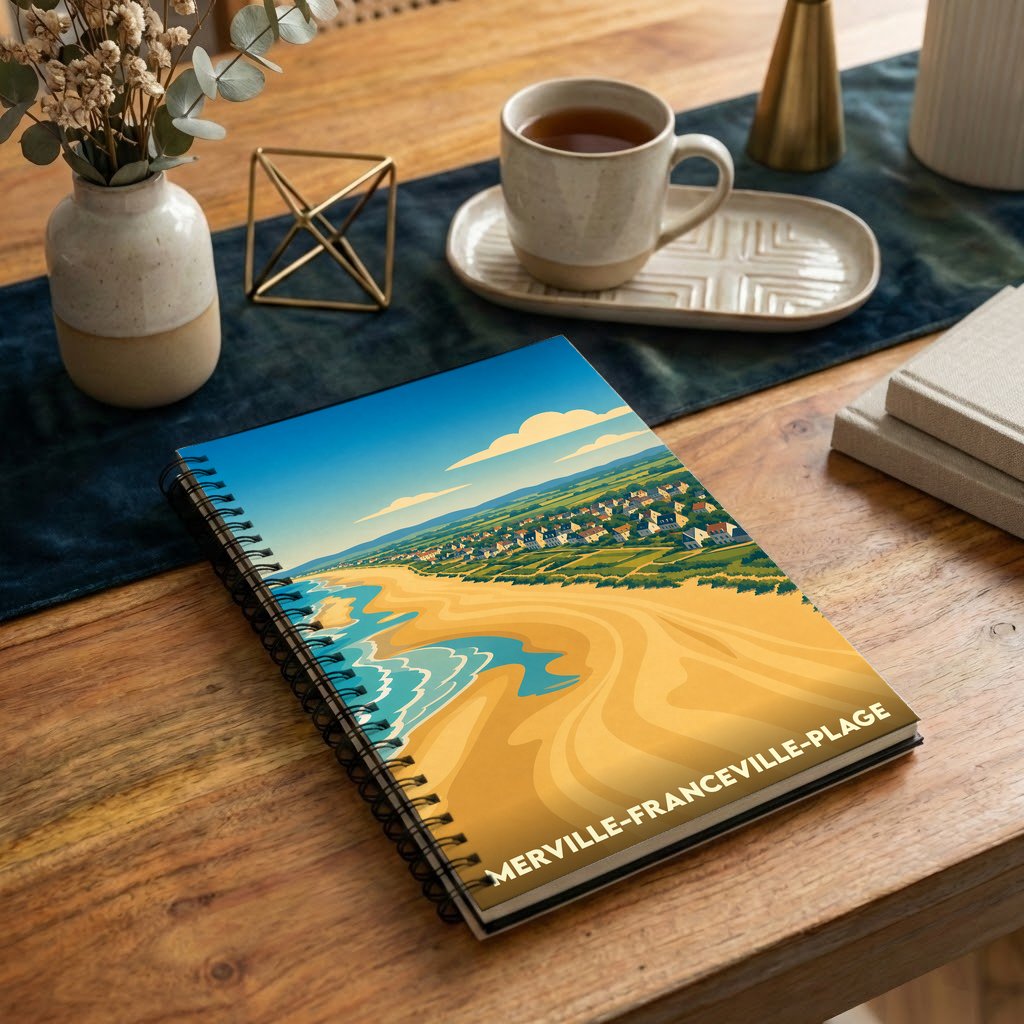 Carnet à spirale souvenir de Merville-Franceville-Plage orné d'une illustration stylisée de sa plage et de son front de mer.