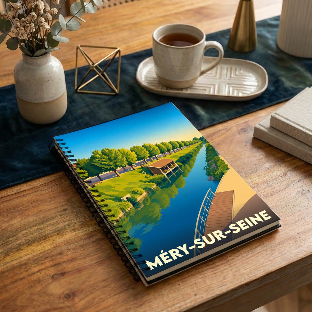 Carnet de notes souvenir de la ville de Méry-sur-Seine avec une illustration stylisée des bords de l'eau.