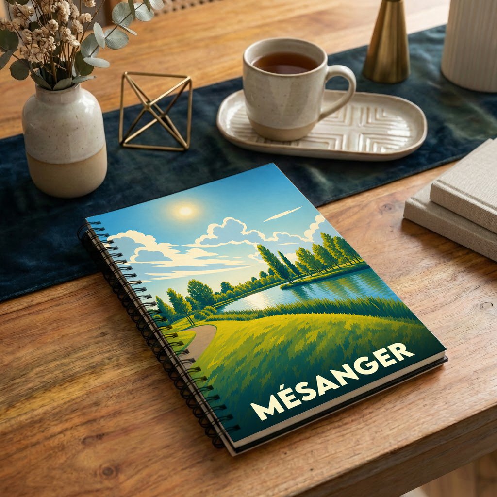 Carnet à spirales souvenir de la ville de Mésanger avec une illustration de paysage stylisée.