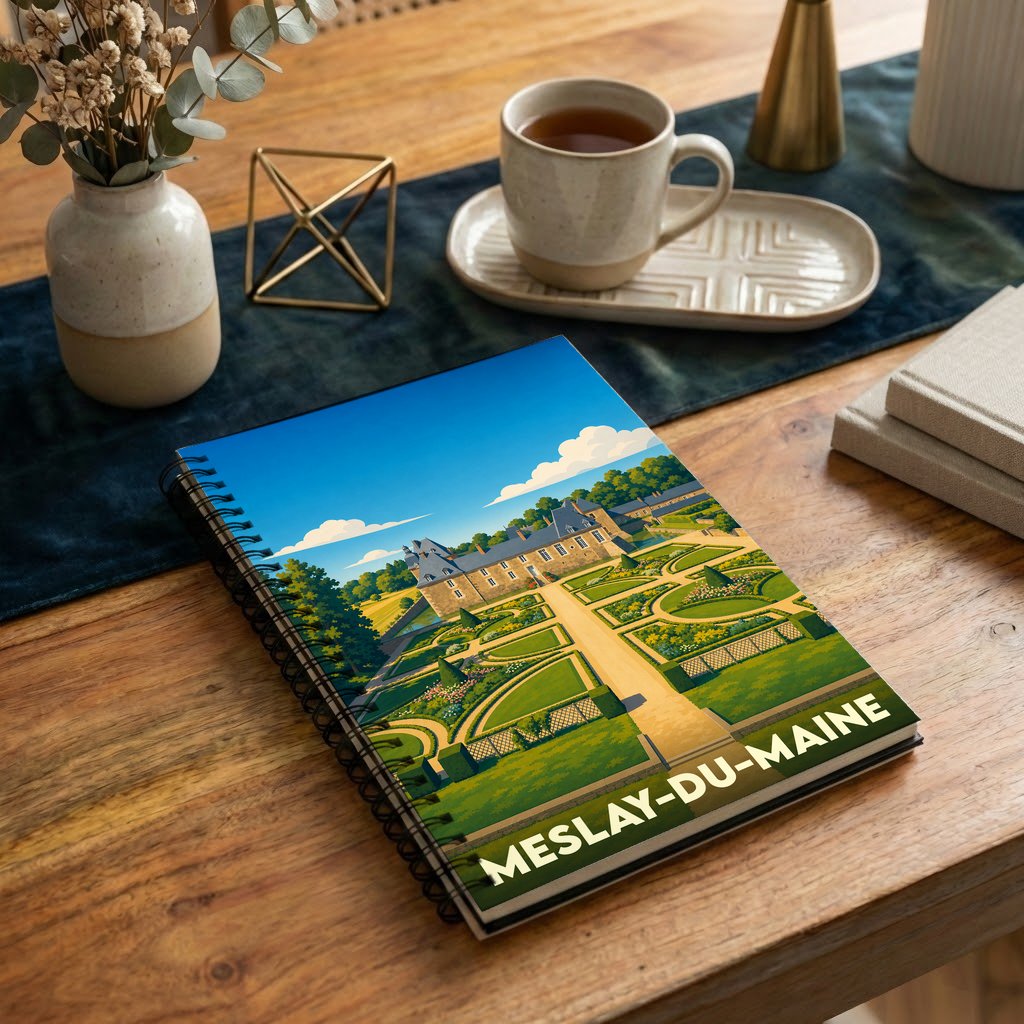 Carnet à spirales souvenir de la ville de Meslay-du-Maine avec une illustration stylisée de son château et de ses jardins.