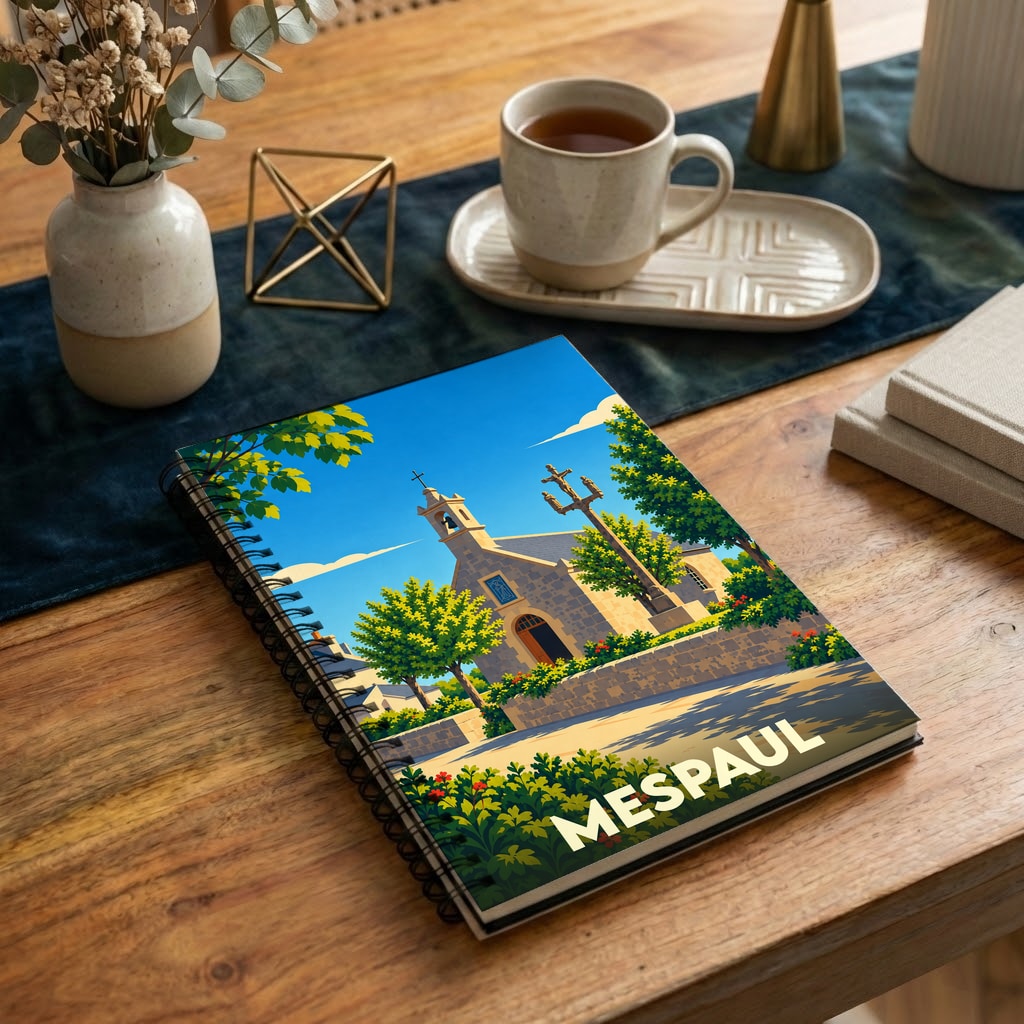 Carnet souvenir de la ville de Mespaul avec une illustration stylisée de son église.